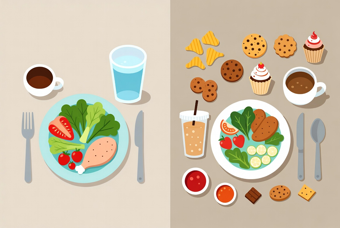 Illustration showing difference between perceived eating habits and actual food intake